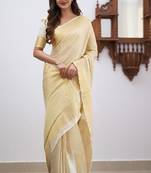 White silk blend jacuard work festival saree with unstitched blouse piece