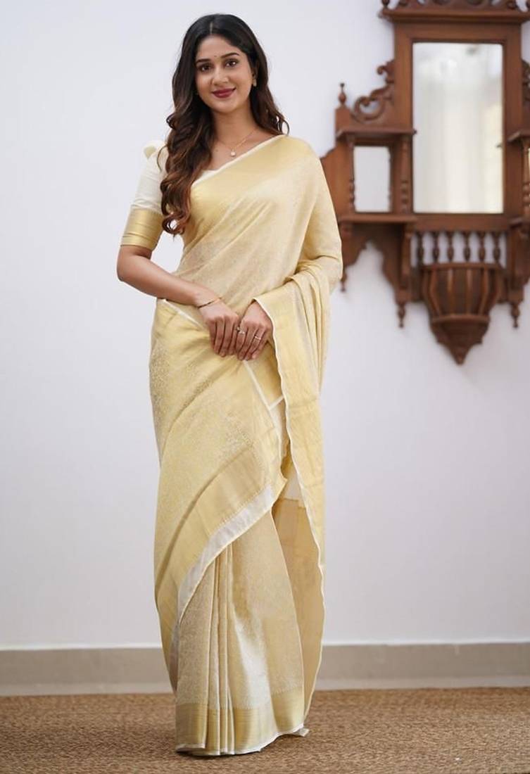 White silk blend jacuard work festival saree with unstitched blouse piece