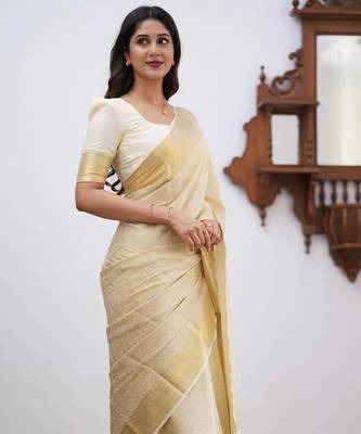 White silk blend jacuard work festival saree with unstitched blouse piece 3