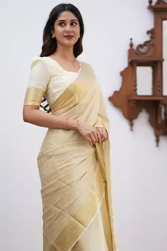 White silk blend jacuard work festival saree with unstitched blouse piece