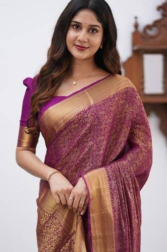 Wine silk blend jacuard work festival saree with unstitched blouse piece