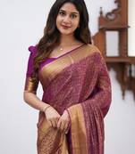 Wine silk blend jacuard work festival saree with unstitched blouse piece
