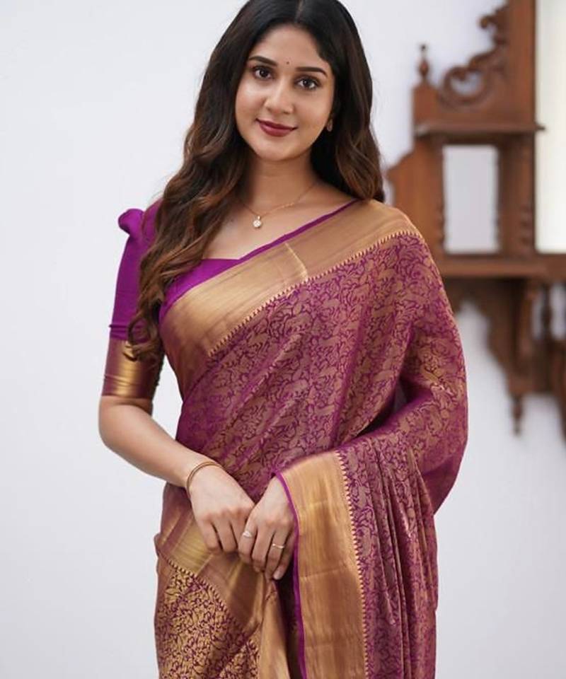 Wine silk blend jacuard work festival saree with unstitched blouse piece