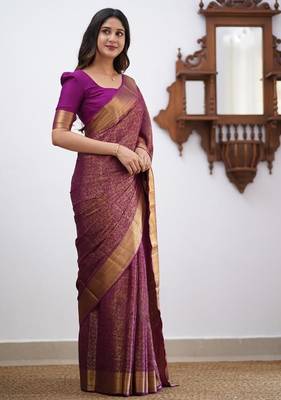 Wine silk blend jacuard work festival saree with unstitched blouse piece 2