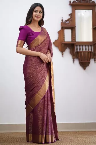 Wine silk blend jacuard work festival saree with unstitched blouse piece