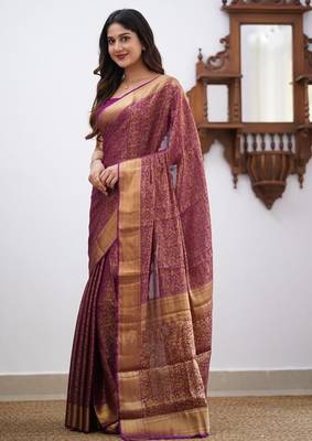 Wine silk blend jacuard work festival saree with unstitched blouse piece 3