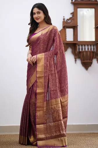 Wine silk blend jacuard work festival saree with unstitched blouse piece