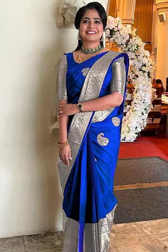 Royal blue silk blend jacuard work festival saree with unstitched blouse piece