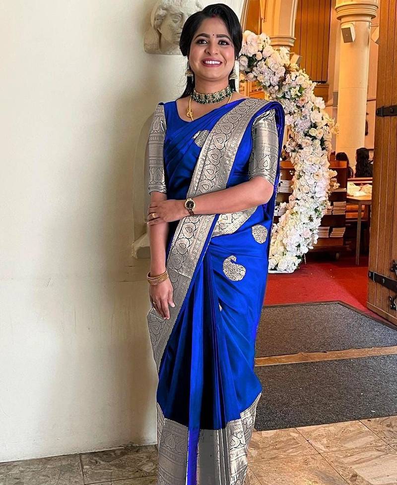 Royal blue silk blend jacuard work festival saree with unstitched blouse piece