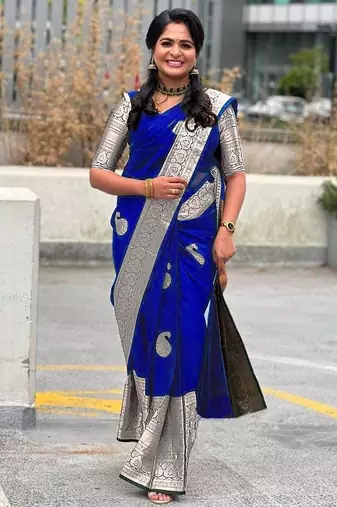 Royal blue silk blend jacuard work festival saree with unstitched blouse piece