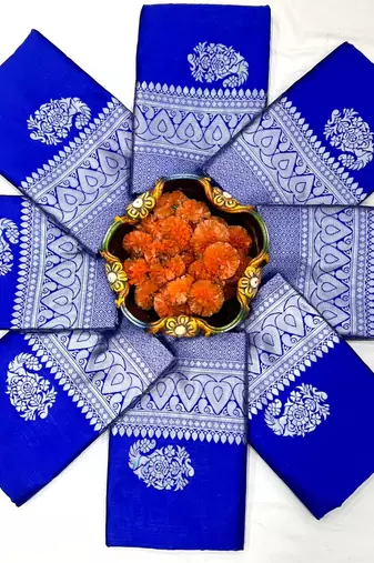 Royal blue silk blend jacuard work festival saree with unstitched blouse piece