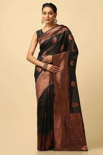 Black silk blend jacuard work festival saree with unstitched blouse piece