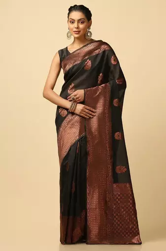 Black silk blend jacuard work festival saree with unstitched blouse piece