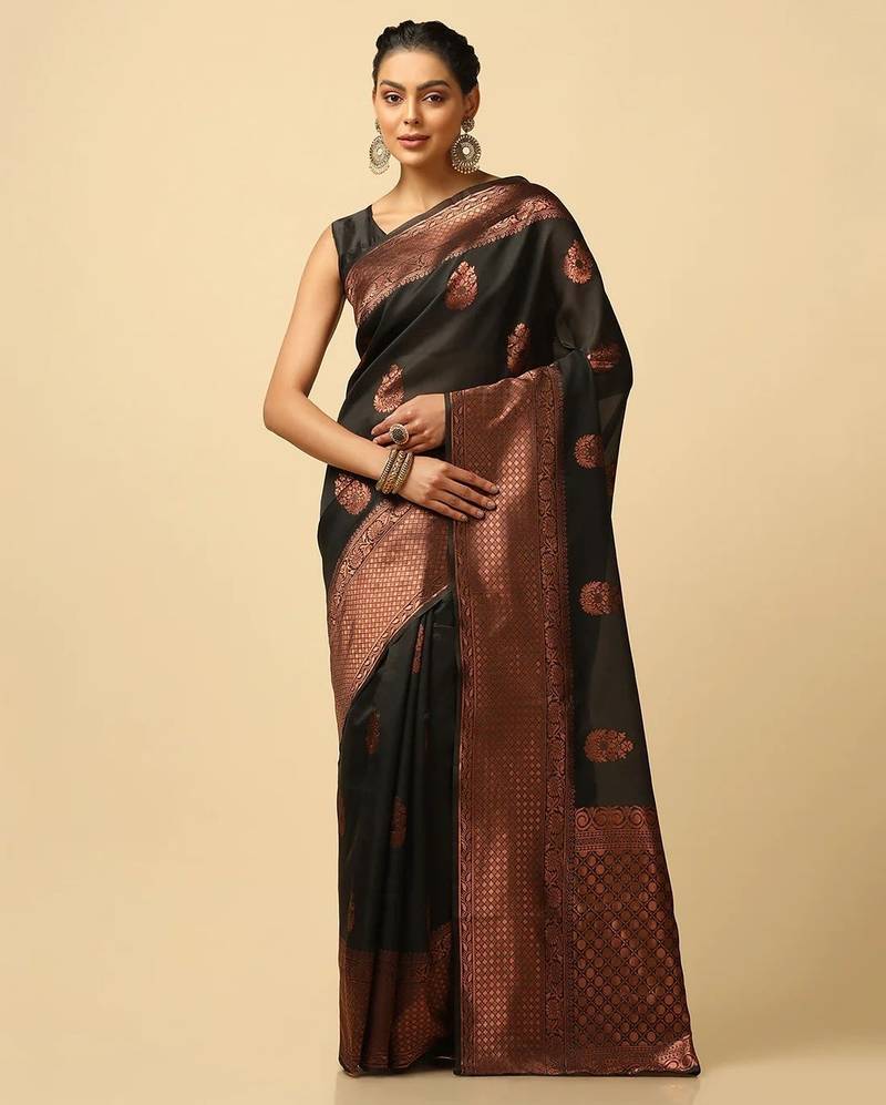 Black silk blend jacuard work festival saree with unstitched blouse piece