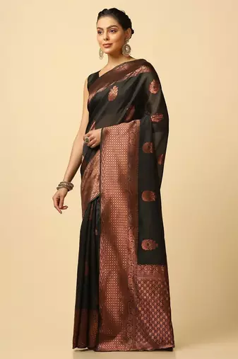 Black silk blend jacuard work festival saree with unstitched blouse piece