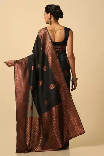 Black silk blend jacuard work festival saree with unstitched blouse piece
