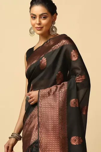 Black silk blend jacuard work festival saree with unstitched blouse piece