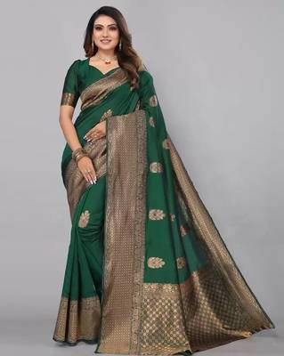 Green silk blend jacuard work festival saree with unstitched blouse piece 1