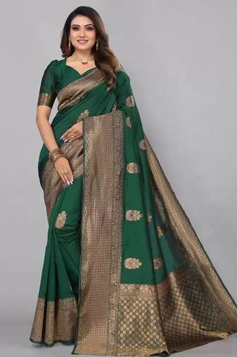 Green silk blend jacuard work festival saree with unstitched blouse piece