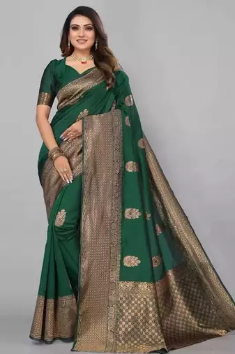 Green silk blend jacuard work festival saree with unstitched blouse piece