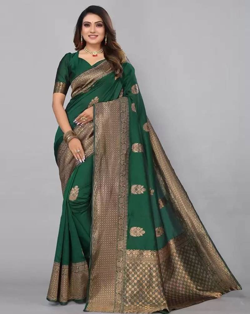 Green silk blend jacuard work festival saree with unstitched blouse piece