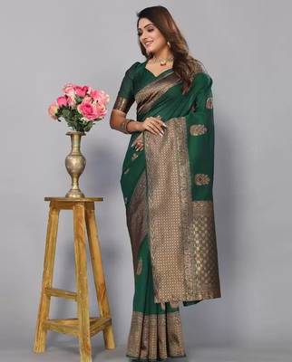 Green silk blend jacuard work festival saree with unstitched blouse piece 2
