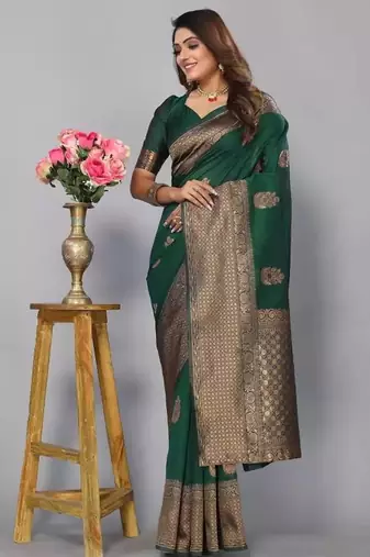 Green silk blend jacuard work festival saree with unstitched blouse piece