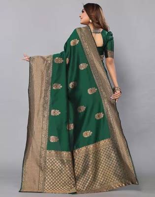 Green silk blend jacuard work festival saree with unstitched blouse piece 3