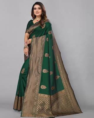Green silk blend jacuard work festival saree with unstitched blouse piece 4