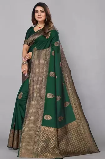 Green silk blend jacuard work festival saree with unstitched blouse piece