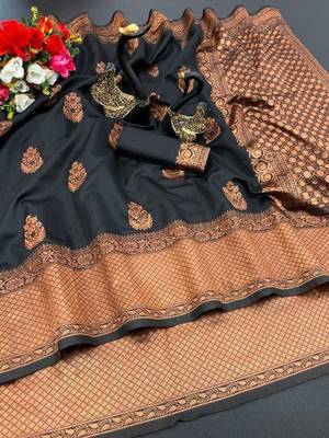Black silk blend jacuard work festival saree with unstitched blouse piece 1