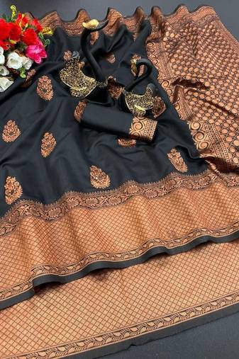 Black silk blend jacuard work festival saree with unstitched blouse piece