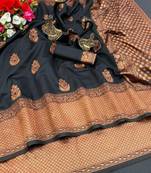 Black silk blend jacuard work festival saree with unstitched blouse piece