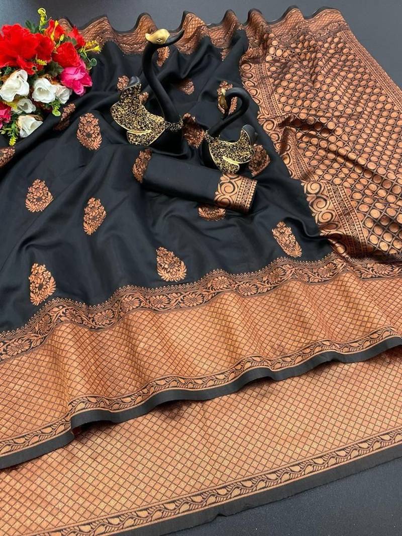 Black silk blend jacuard work festival saree with unstitched blouse piece