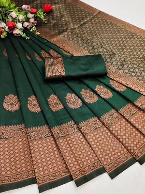 Green silk blend jacuard work festival saree with unstitched blouse piece 1