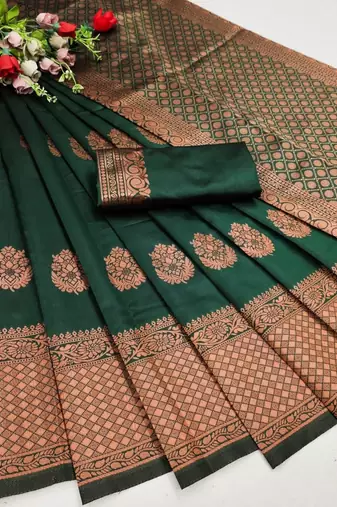 Green silk blend jacuard work festival saree with unstitched blouse piece