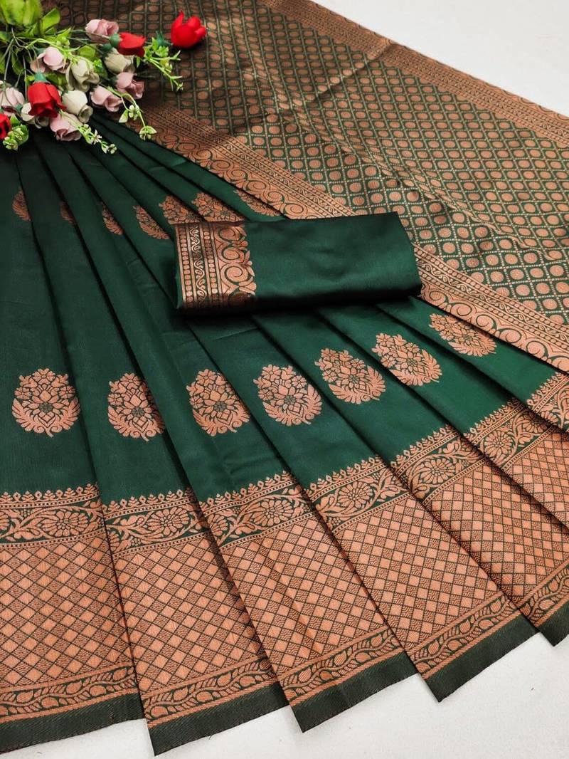 Green silk blend jacuard work festival saree with unstitched blouse piece
