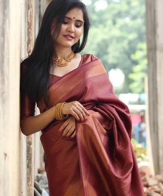 Maroon silk blend jacuard work festival saree with unstitched blouse piece 1