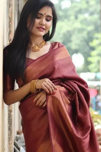 Maroon silk blend jacuard work festival saree with unstitched blouse piece