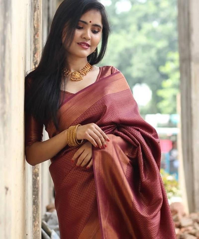 Maroon silk blend jacuard work festival saree with unstitched blouse piece