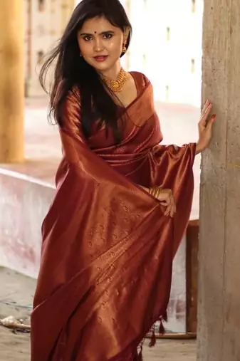 Maroon silk blend jacuard work festival saree with unstitched blouse piece