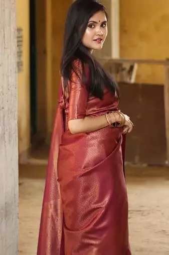 Maroon silk blend jacuard work festival saree with unstitched blouse piece