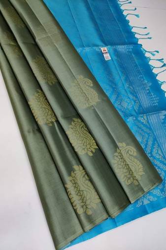 Green turquoise silk blend jacuard work festival saree with unstitched blouse piece