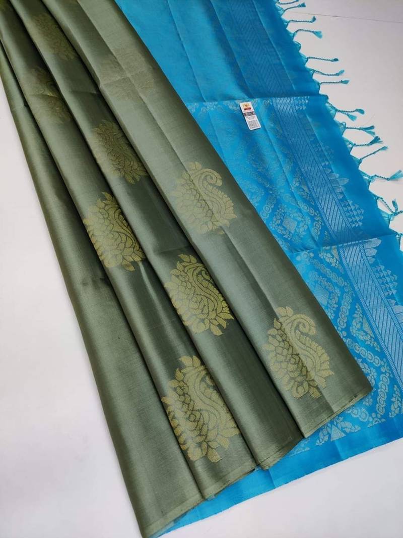 Green turquoise silk blend jacuard work festival saree with unstitched blouse piece