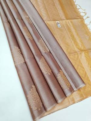 Grey beige silk blend jacuard work festival saree with unstitched blouse piece 1