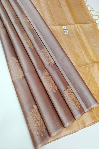 Grey beige silk blend jacuard work festival saree with unstitched blouse piece