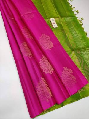 Pink parrot silk blend jacuard work festival saree with unstitched blouse piece 1