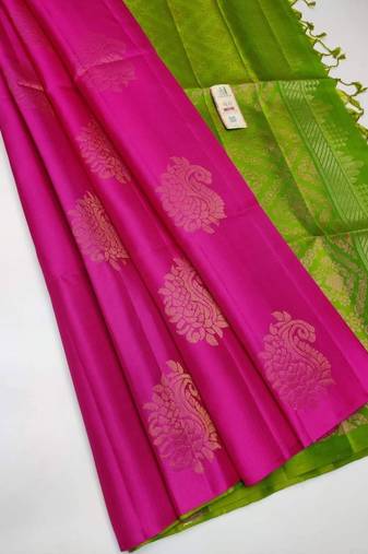 Pink parrot silk blend jacuard work festival saree with unstitched blouse piece