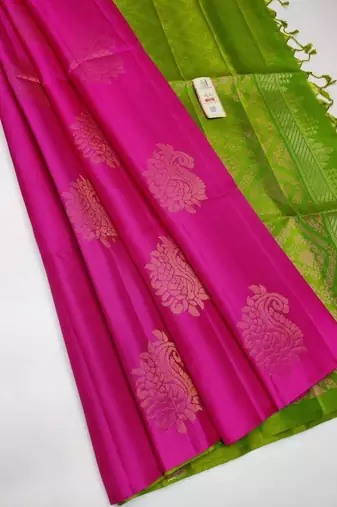 Pink parrot silk blend jacuard work festival saree with unstitched blouse piece