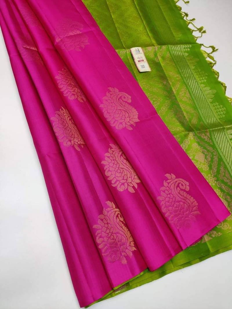 Pink parrot silk blend jacuard work festival saree with unstitched blouse piece
